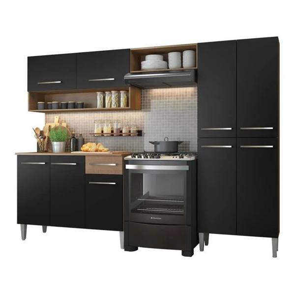 Armário de cozinha modulada completa compacta Emilly pop com armário e balcão cor rustic/preto — Emilly