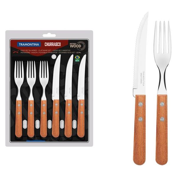 Faqueiro 12 Peças em Madeira Natural e Inox Tramontina Churrasco — Tramontina