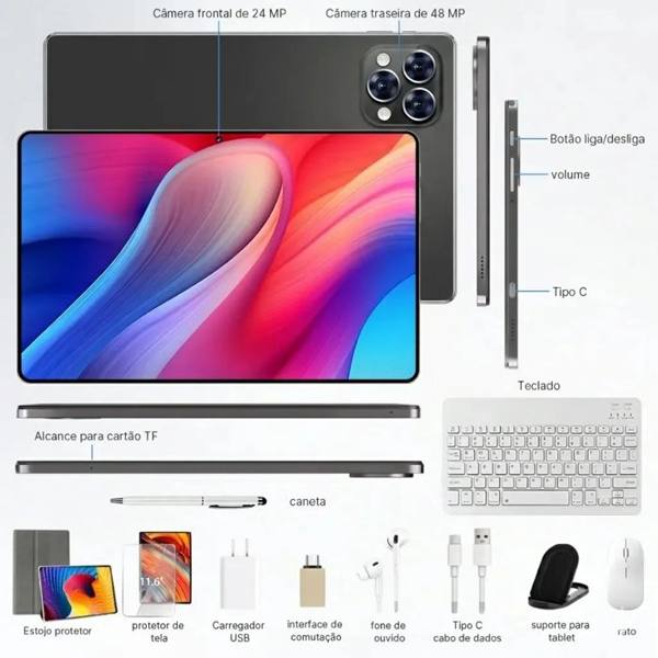 Tablet Android 12GB RAM 512GB Memória Tela Grande 11.6 Bateria 8800mAh Wi-fi 5G Jogos Pesados Completo Com Teclado Mouse Cinza — Sem marca
